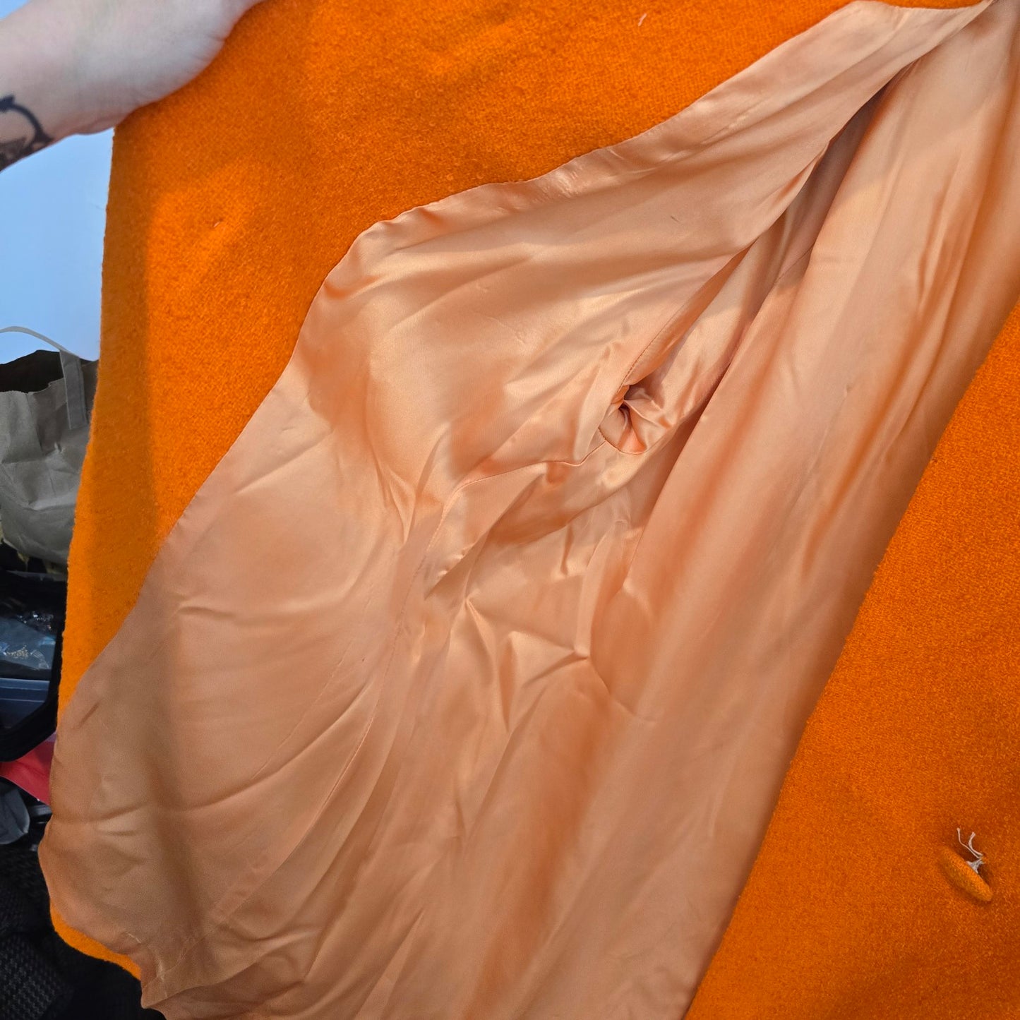 1960s Orange Wool Bouclé Swing Cocoon Button Up Coat Size S/M