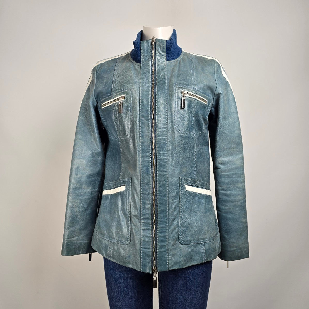 Vintage Danier Blue Leather Zip Up Jacket Size XS/S
