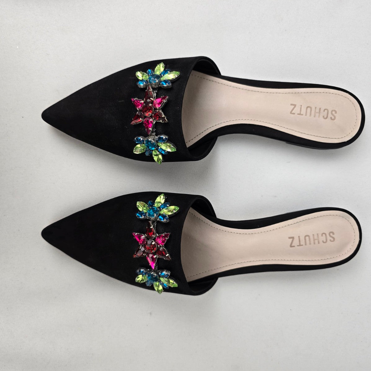 Schutz Black Rhinestone Crystal Flower Mule Shoes Size 9