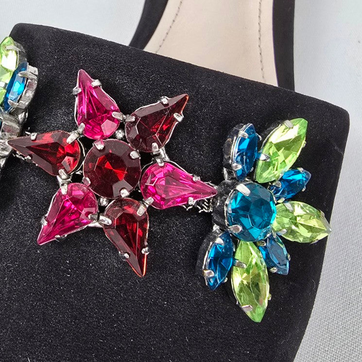 Schutz Black Rhinestone Crystal Flower Mule Shoes Size 9