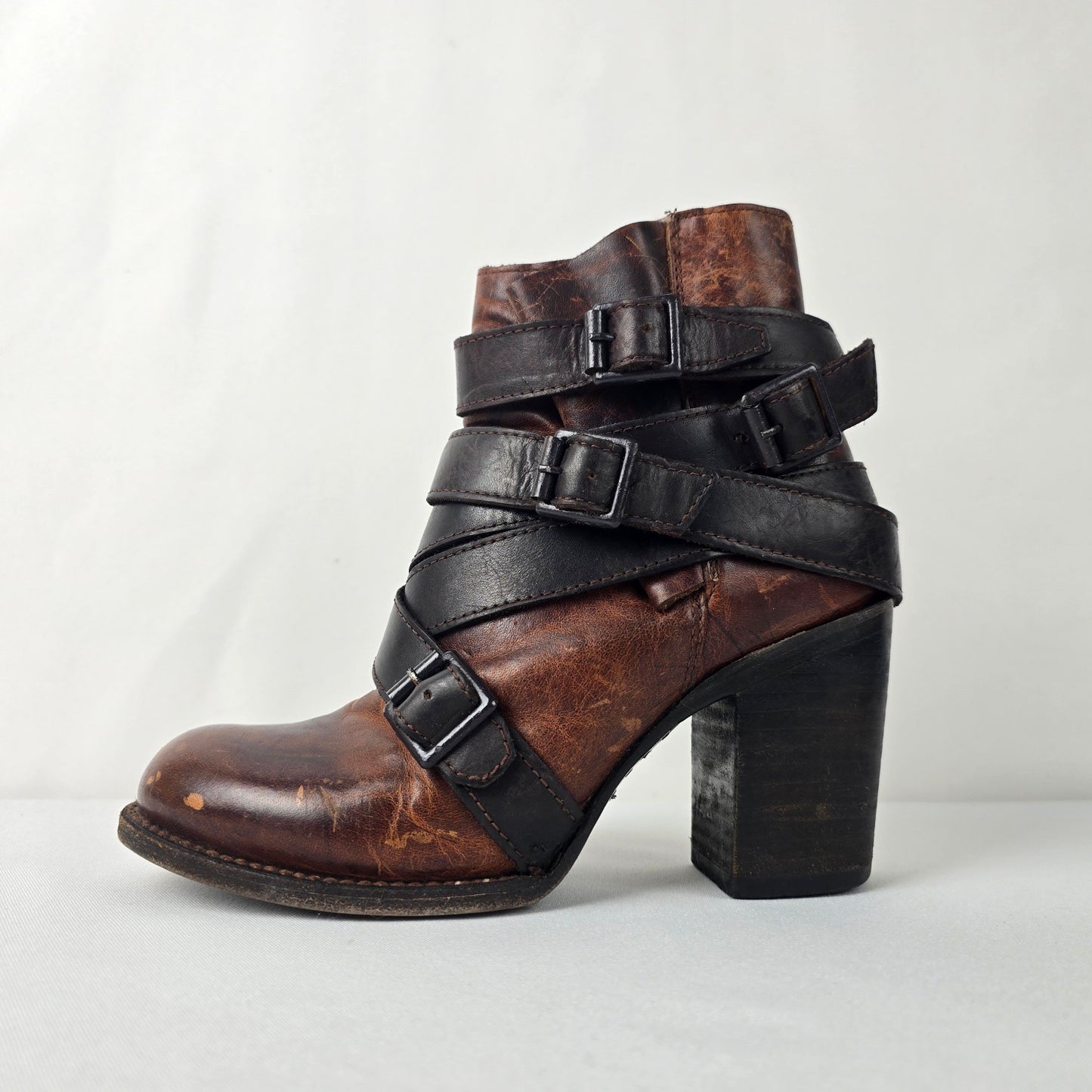 Freebird by Steven Hustl Brown Leather Buckle Strap Boots Size 6