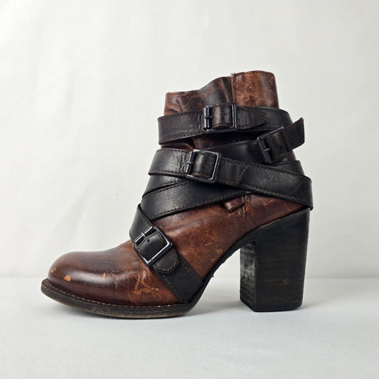Freebird by Steven Hustl Brown Leather Buckle Strap Boots Size 6