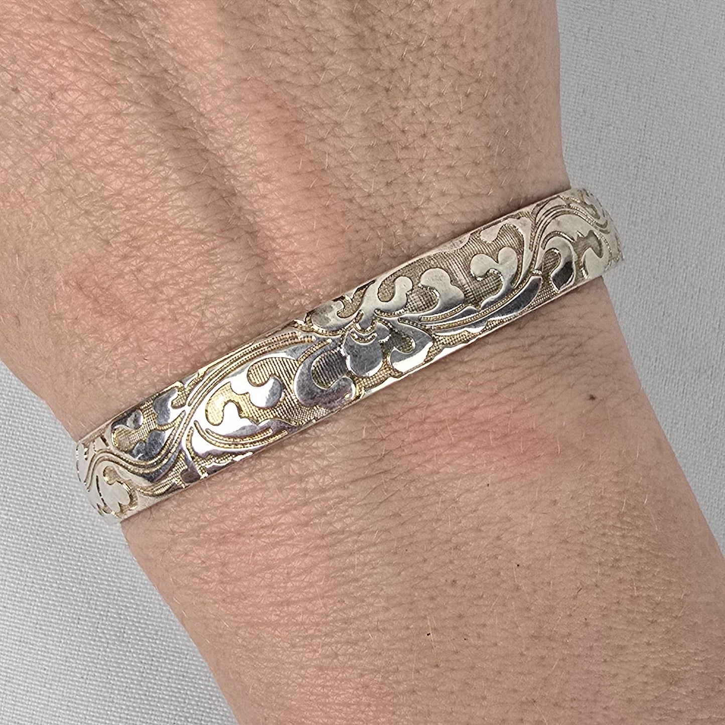 Vintage Sterling Silver Carved Floral Cuff Bracelet