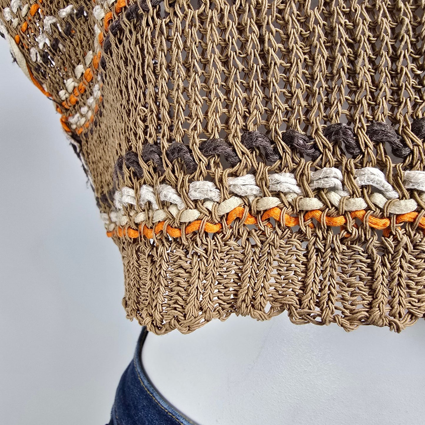 Sarah Pacini Orange & Brown Linen Cropped Knit Top One Size