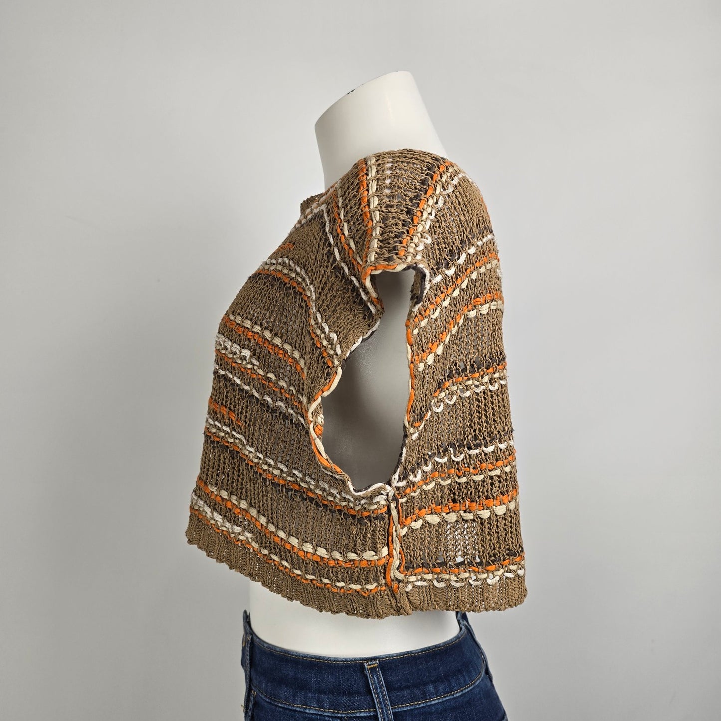 Sarah Pacini Orange & Brown Linen Cropped Knit Top One Size