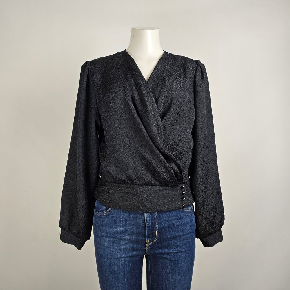 Vintage Sport Collection Black Puff Sleeve Wrap Top Size M/L