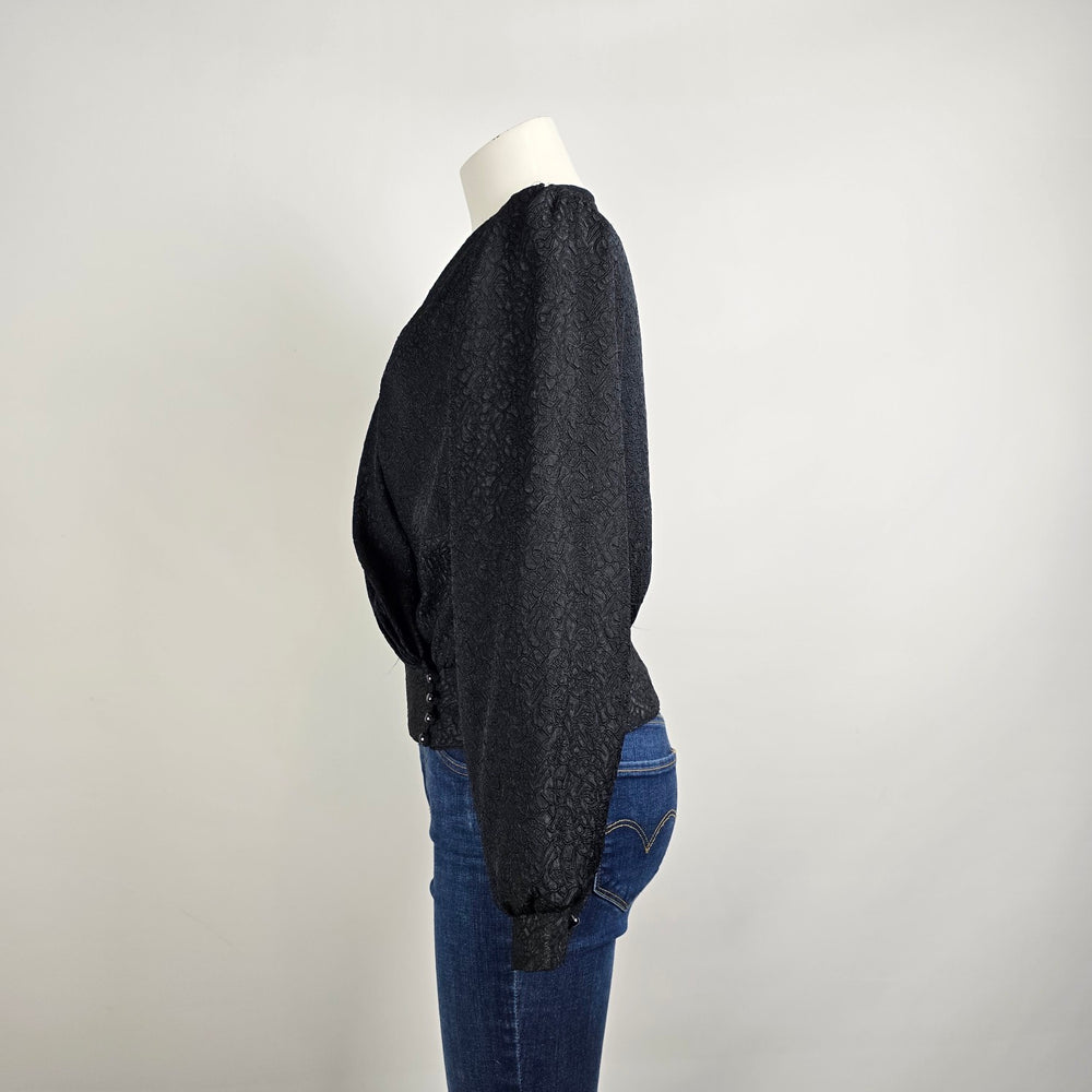 Vintage Sport Collection Black Puff Sleeve Wrap Top Size M/L