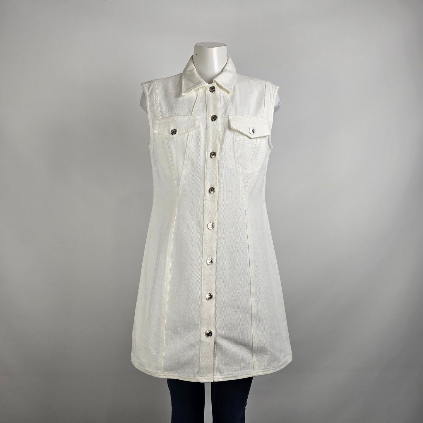 Bluivy White Cotton Denim Long Button Up Vest Dress Size L