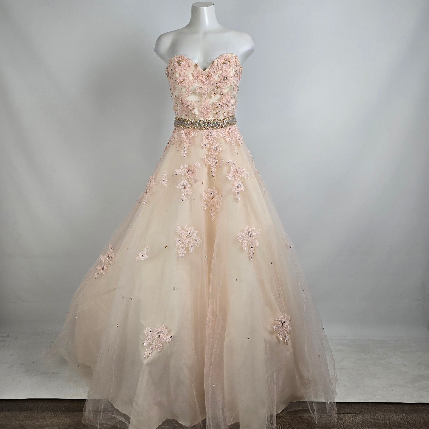 Mori Lee Soft Pink Lace Rhinestone Belt Grad Event Gown Size 14
