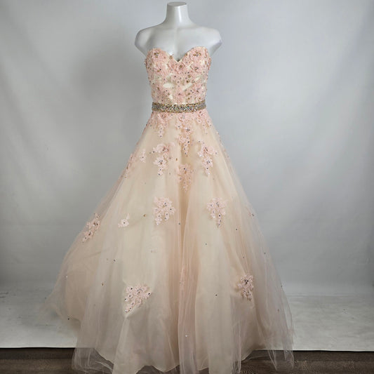 Mori Lee Soft Pink Lace Rhinestone Belt Grad Event Gown Size 14