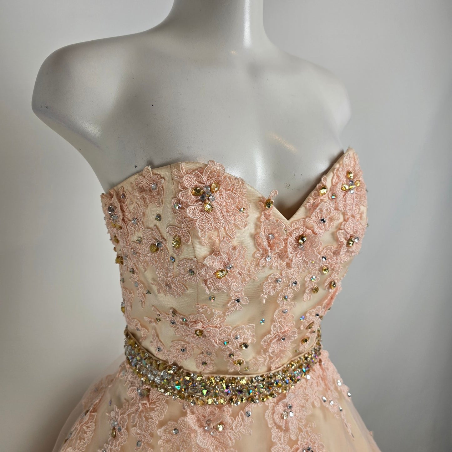 Mori Lee Soft Pink Lace Rhinestone Belt Grad Event Gown Size 14
