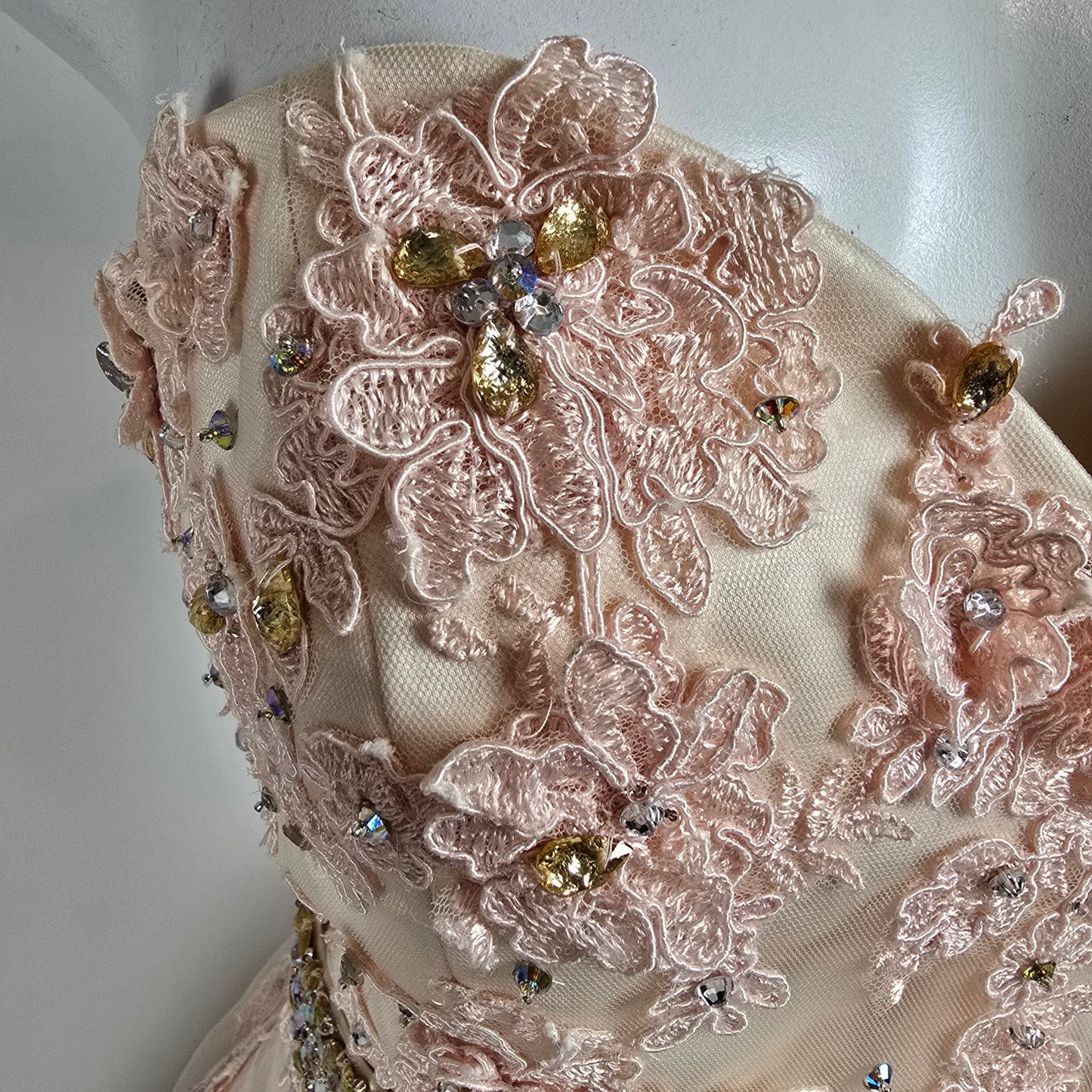 Mori Lee Soft Pink Lace Rhinestone Belt Grad Event Gown Size 14