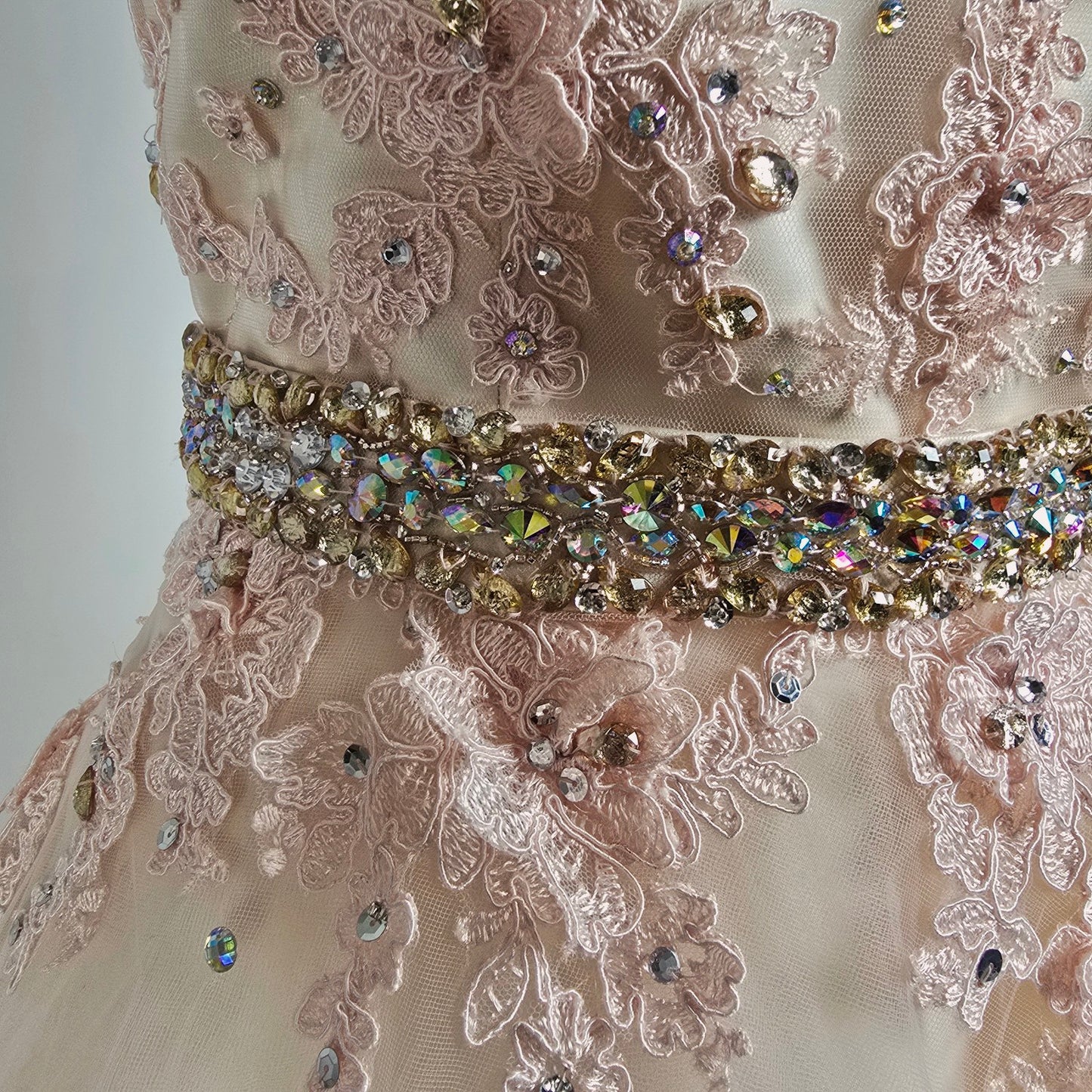 Mori Lee Soft Pink Lace Rhinestone Belt Grad Event Gown Size 14