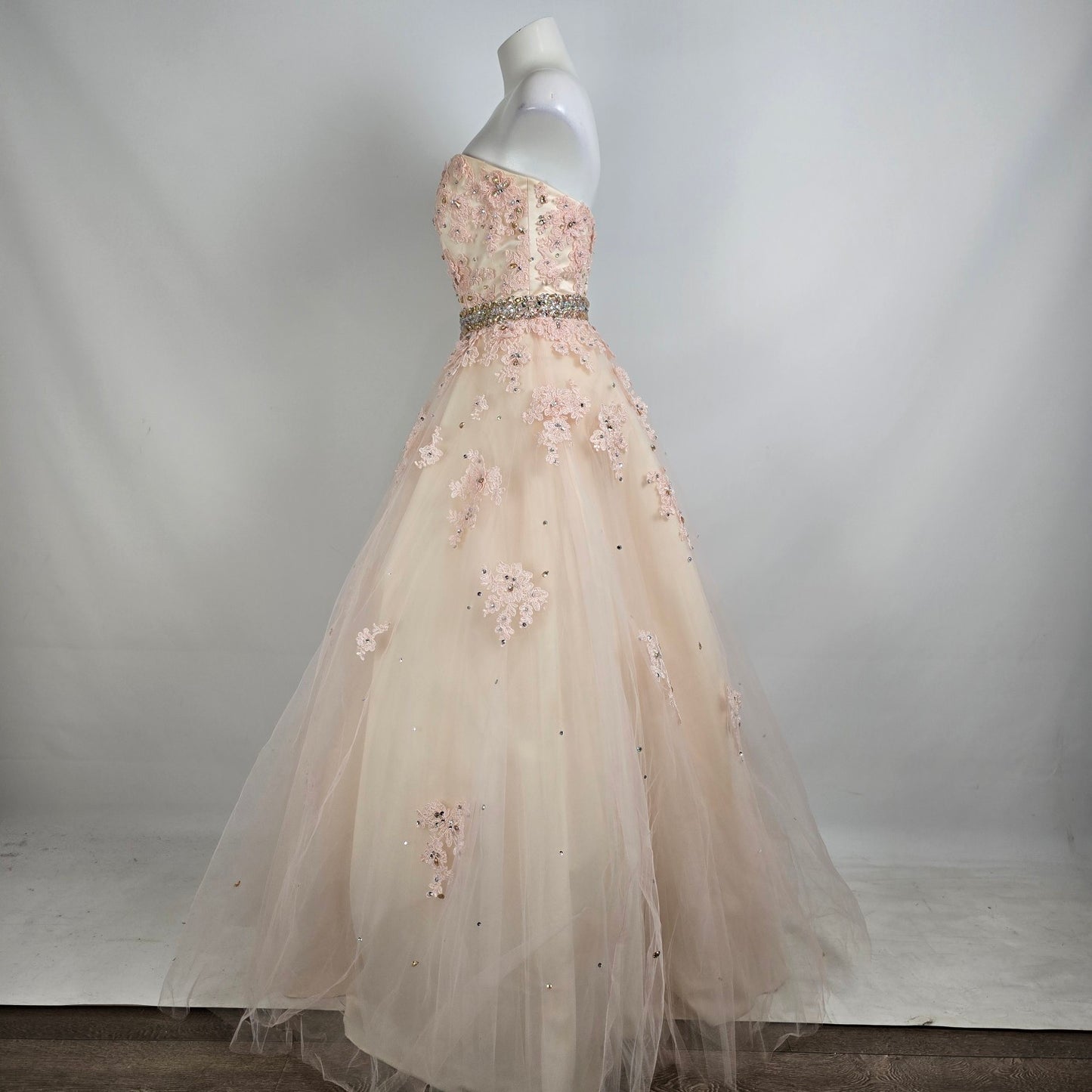 Mori Lee Soft Pink Lace Rhinestone Belt Grad Event Gown Size 14