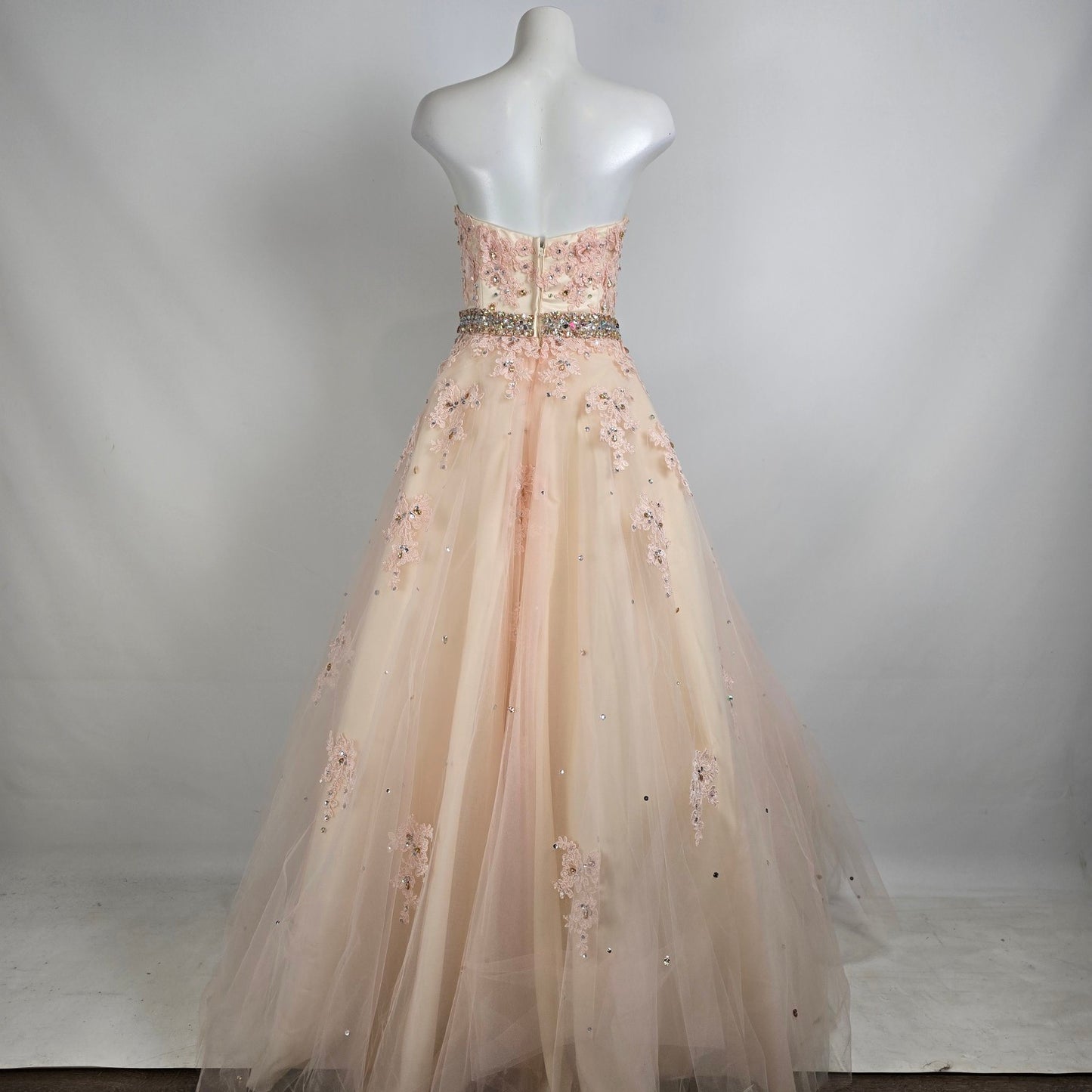 Mori Lee Soft Pink Lace Rhinestone Belt Grad Event Gown Size 14