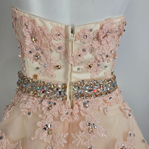 Mori Lee Soft Pink Lace Rhinestone Belt Grad Event Gown Size 14