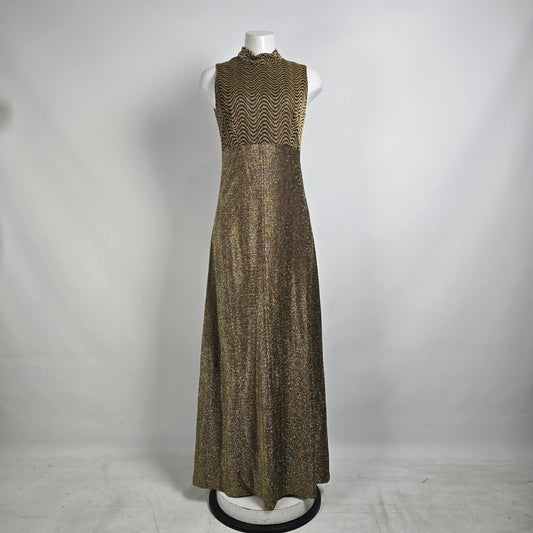Vintage Algo Ettes Brown & Gold Metallic Long Dress Size S