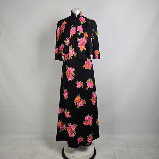 Vintage Bleeker Street Black & Pink Floral Maxi Dress & Cape Size M