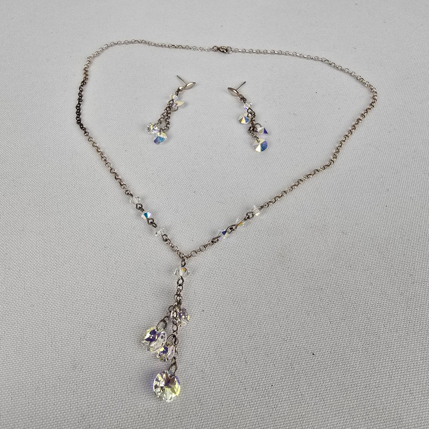 Vintage 925 Sterling AB Glass Y Necklace & Earring Set