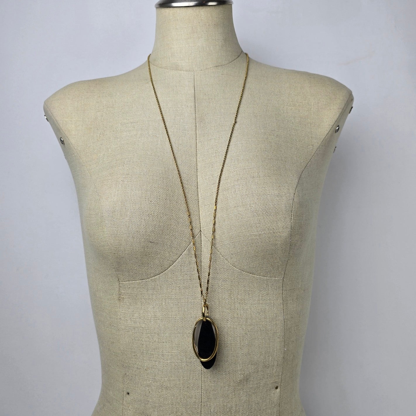 Stella & Dot Gold Tone Leather Reversible Pendant Long Necklace