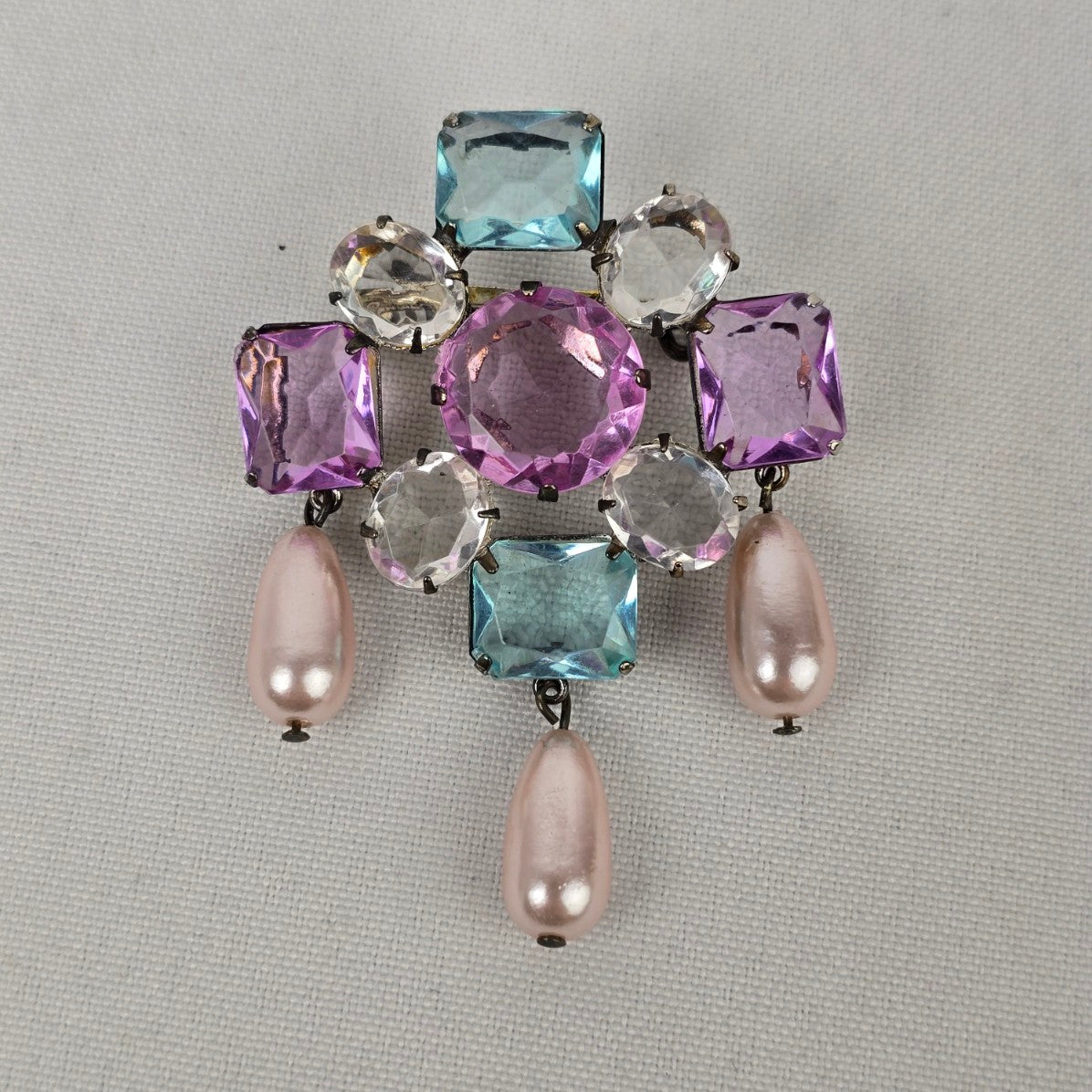 Vintage Blue & Pink Cut Glass Faux Pearl Brooch