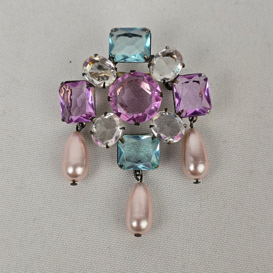 Vintage Blue & Pink Cut Glass Faux Pearl Brooch