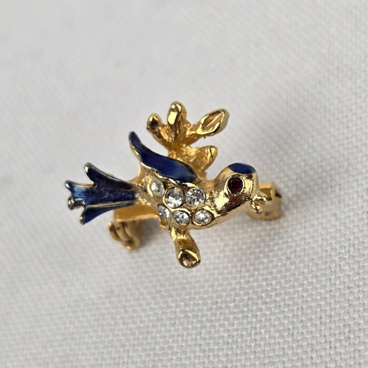 Vintage Blue & Gold Rhinestone Enamel Mini Bird Brooch