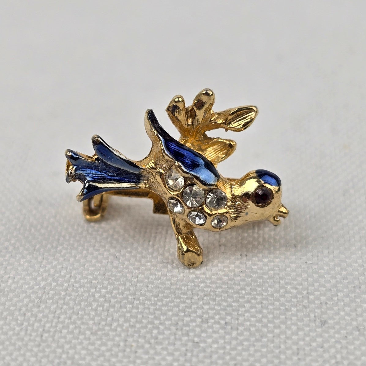 Vintage Blue & Gold Rhinestone Enamel Mini Bird Brooch