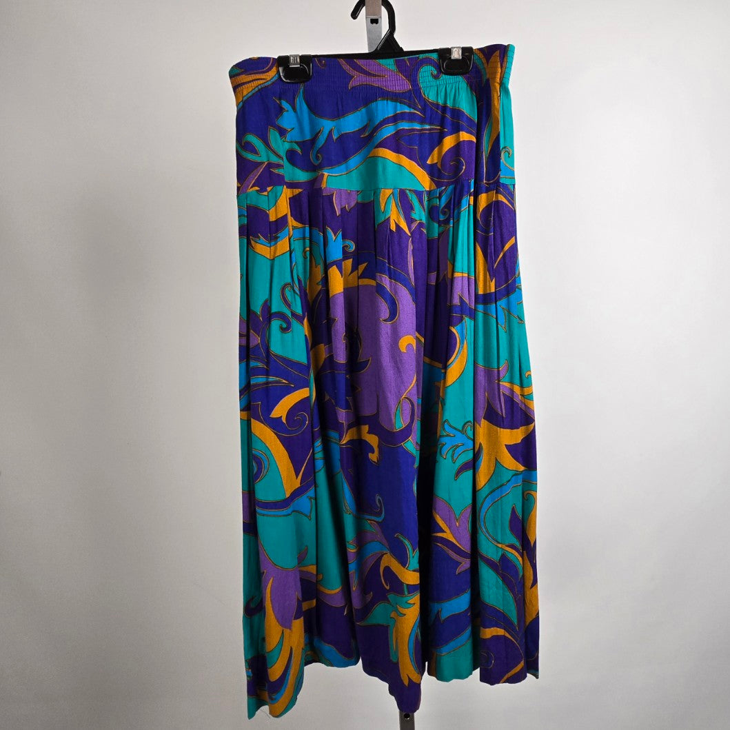 Vintage Blue Feather Print Midi Skirt Size 8