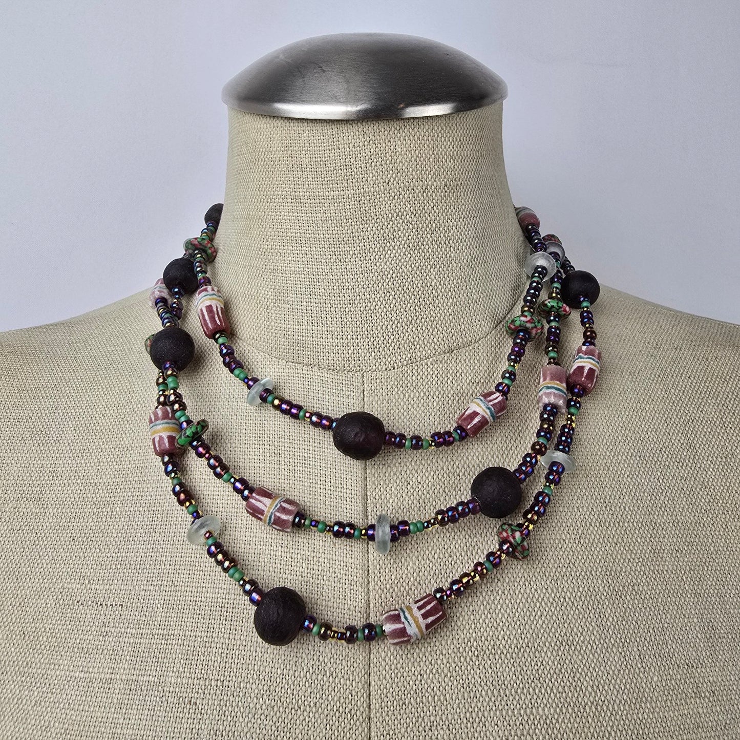 Black & Pink Natural Stone Long Beaded Necklace