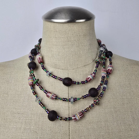 Black & Pink Natural Stone Long Beaded Necklace