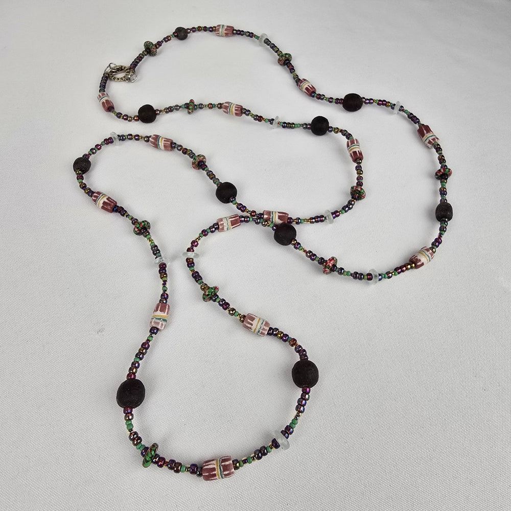 Black & Pink Natural Stone Long Beaded Necklace