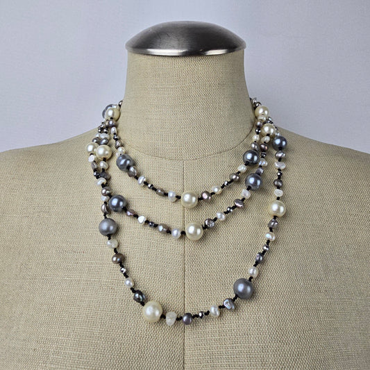 Grey Glass Beaded Faux Pearl Long Necklace