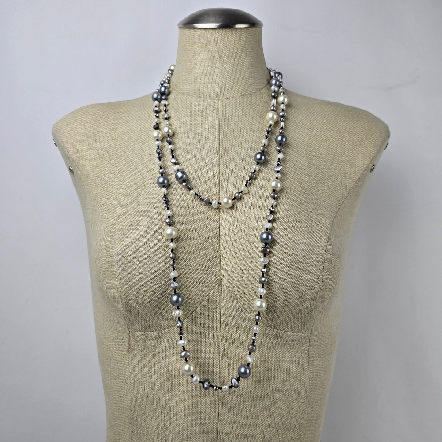 Grey Glass Beaded Faux Pearl Long Necklace