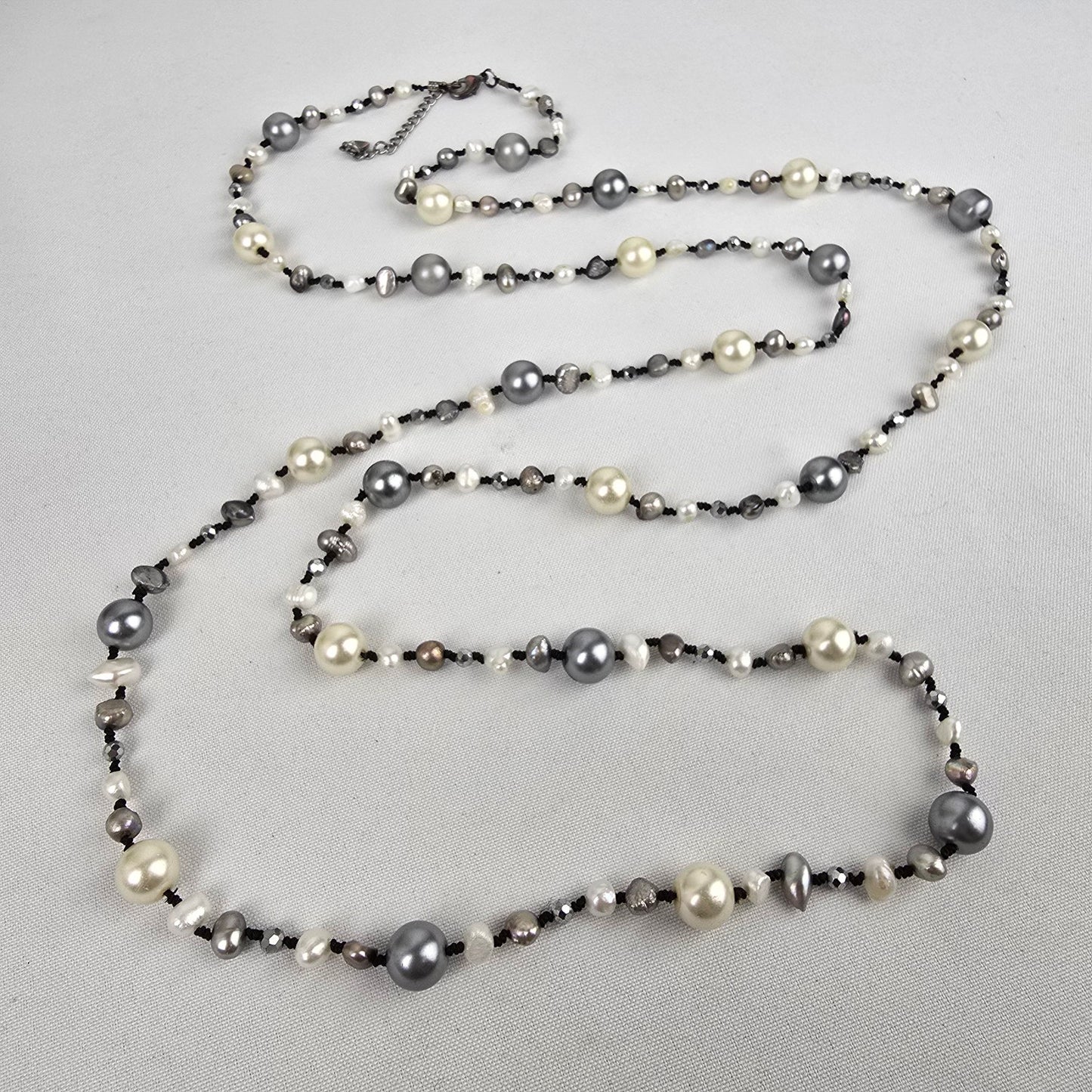 Grey Glass Beaded Faux Pearl Long Necklace