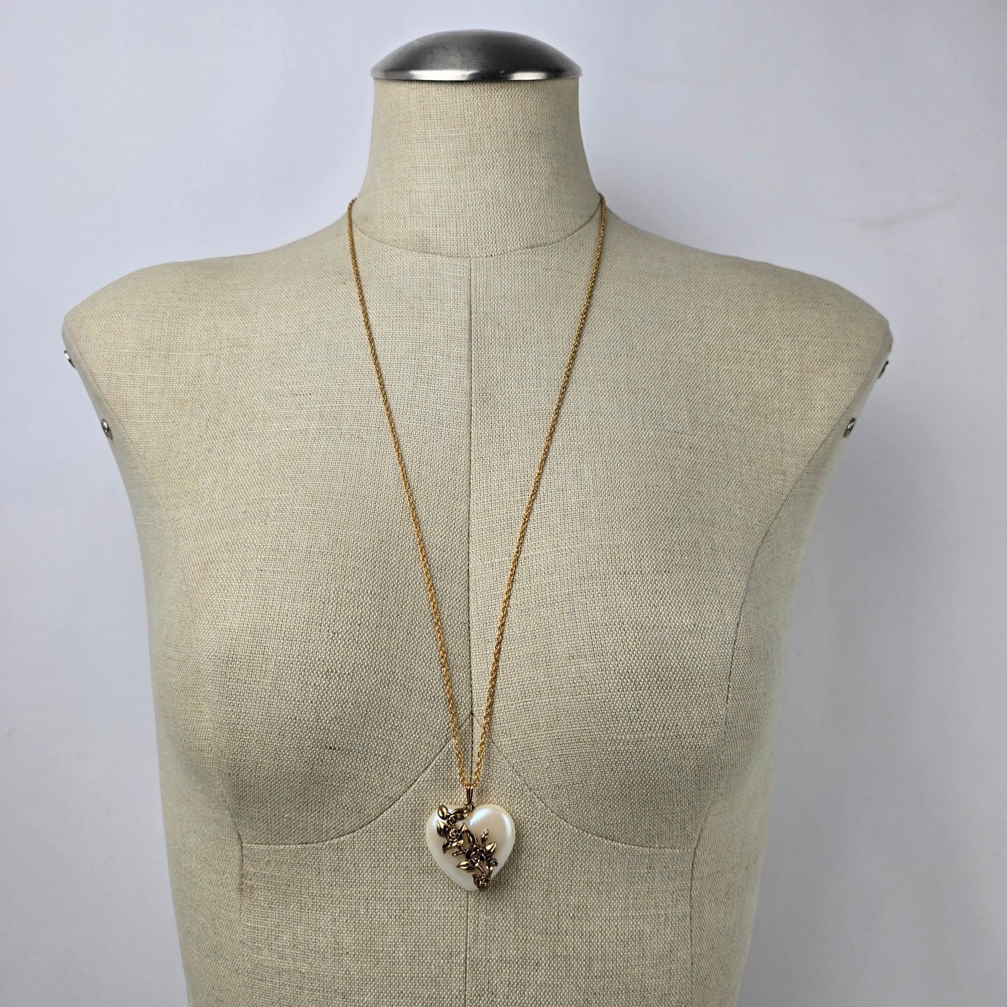 Gold Tone Cream Heart Flower Pendant Long Necklace
