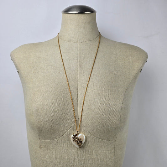 Gold Tone Cream Heart Flower Pendant Long Necklace