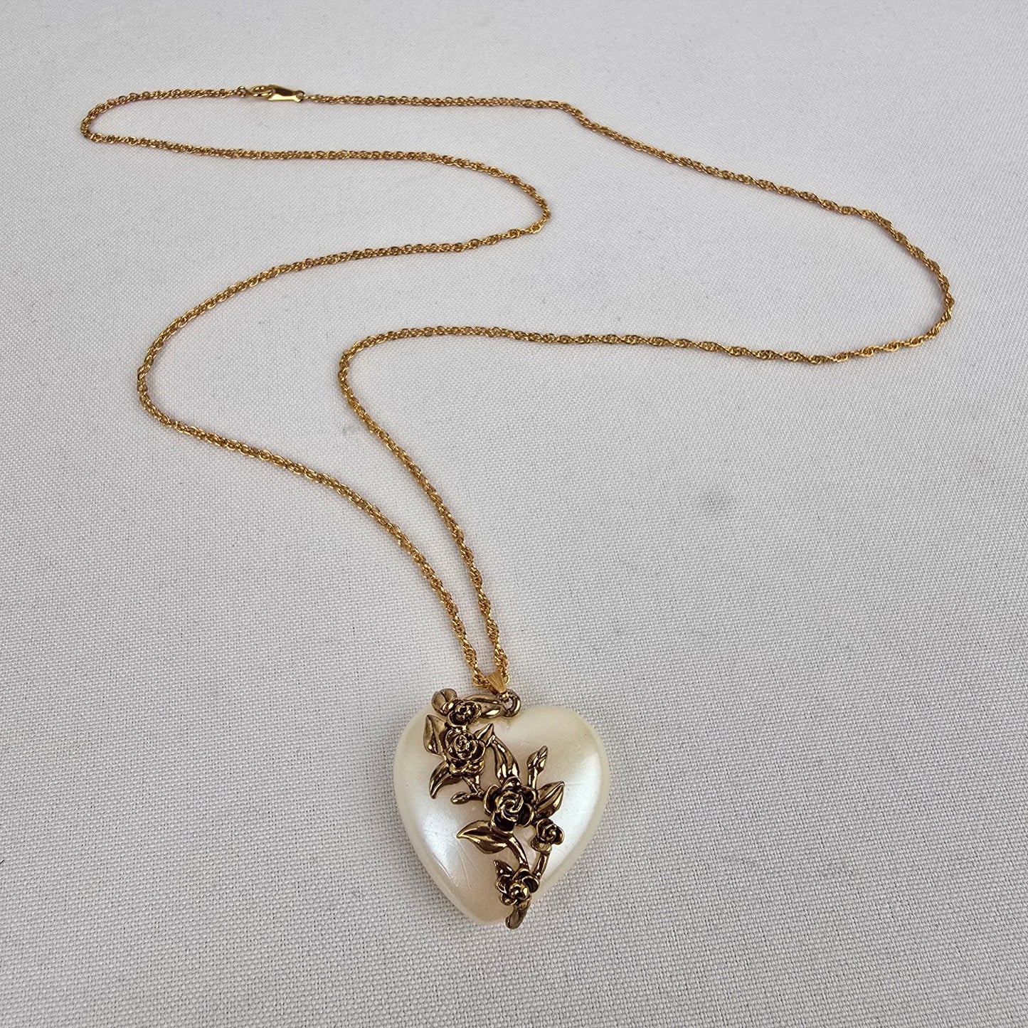 Gold Tone Cream Heart Flower Pendant Long Necklace