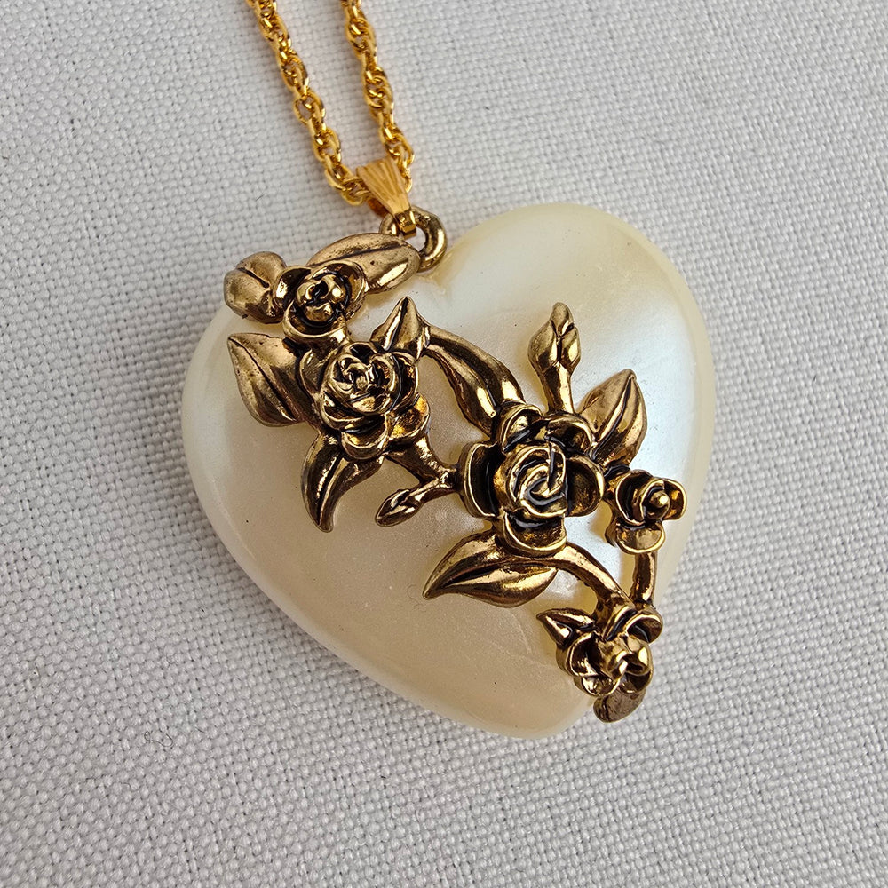 Gold Tone Cream Heart Flower Pendant Long Necklace