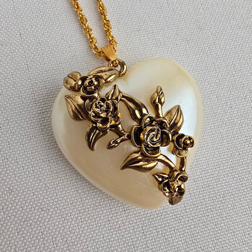 Gold Tone Cream Heart Flower Pendant Long Necklace