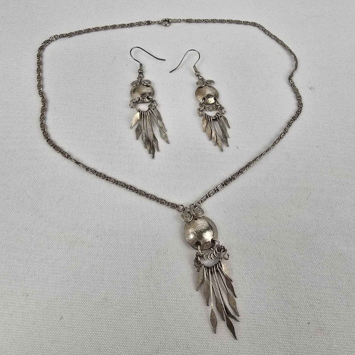 Vintage Silver Coin Fringe Necklace & Earring Set