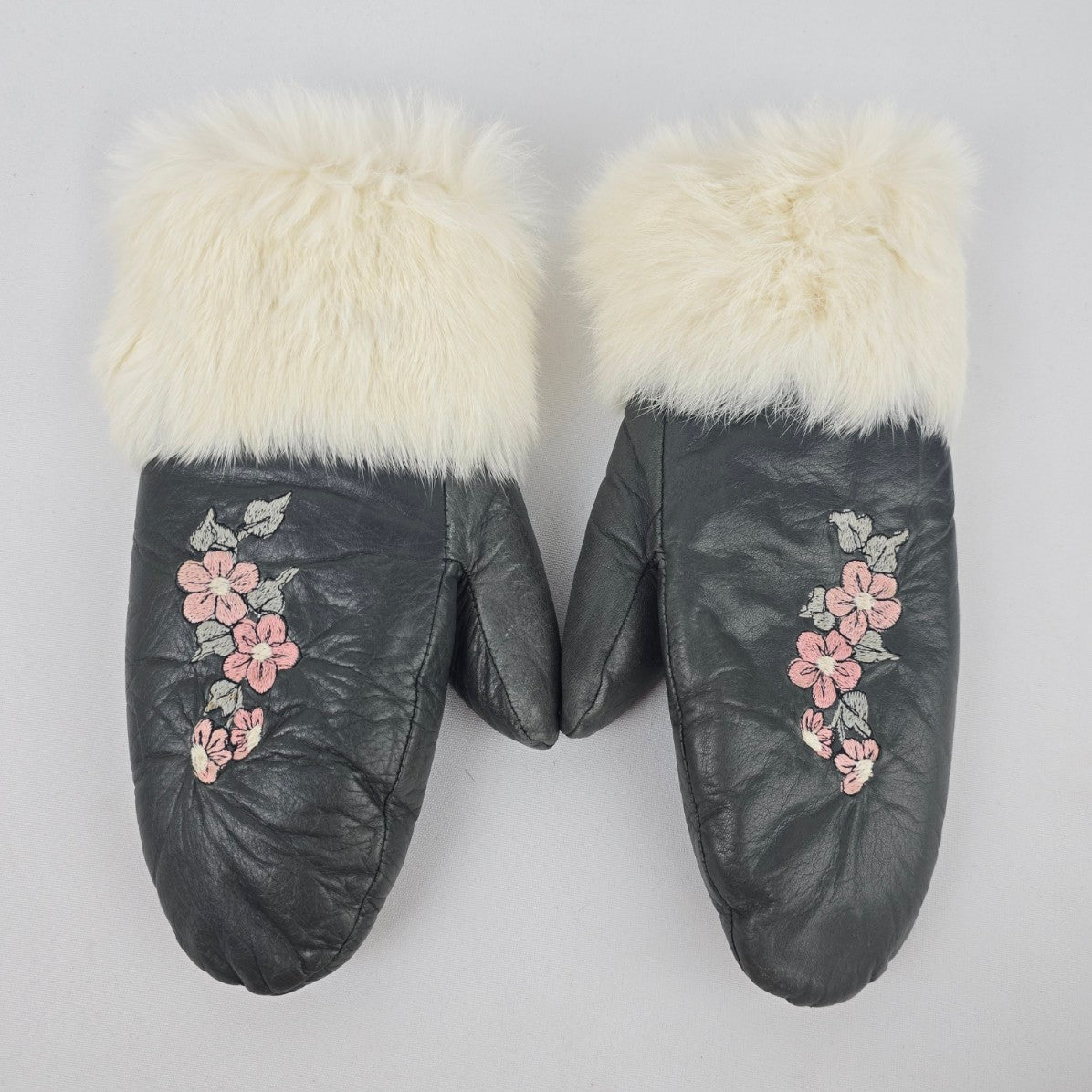 Vintage Michelle Decour Leather Fur Flower Embroidered Mittens
