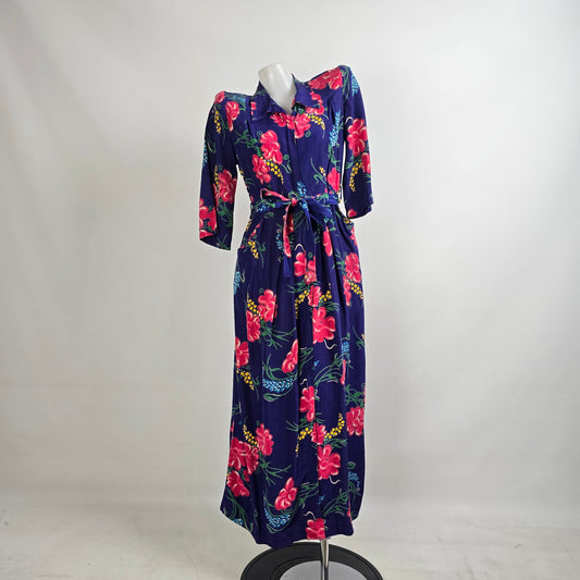 Vintage Morsam Blue Floral Waist Tie Maxi Dress Size S