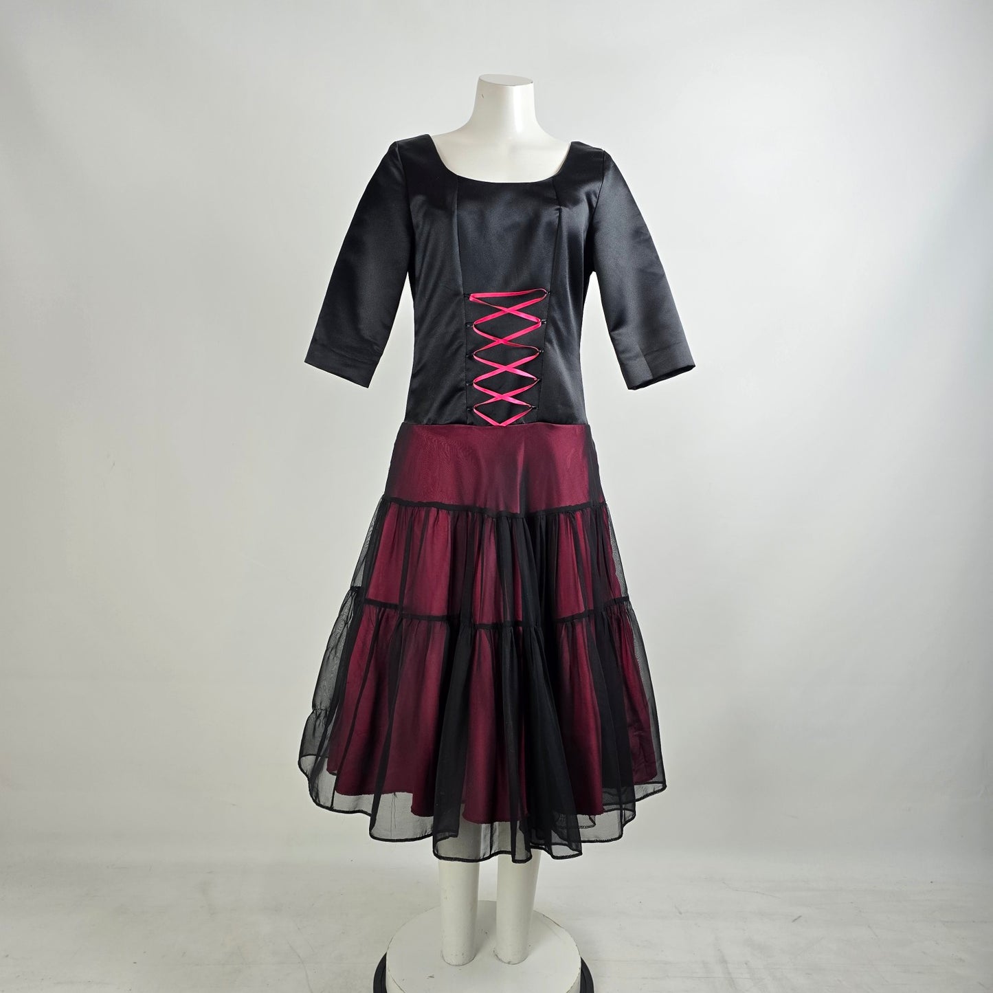 Handmade Black & Pink Lace Up Tulle Skirt Midi Dress Size M