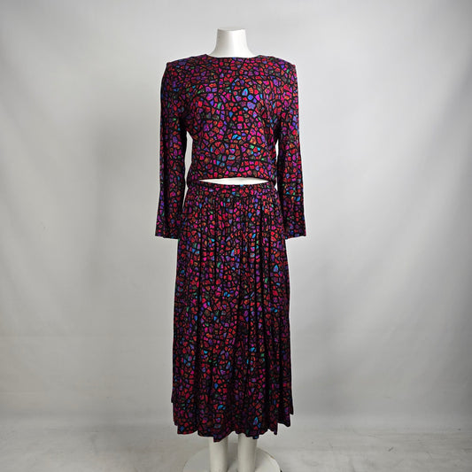 Vintage Pink Stained Glass Print Two Piece Skirt & Top Set Size M