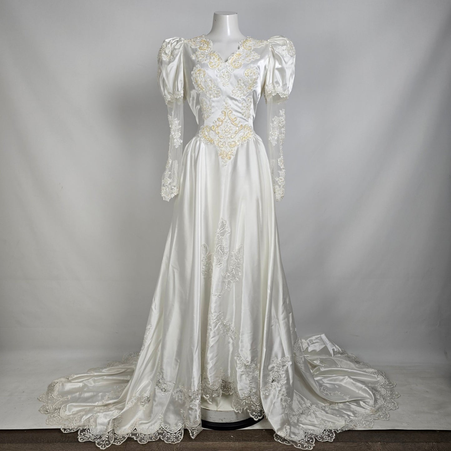 Vintage Alfred Angelo White 80s Puff Sleeve Wedding Dress Size M/L