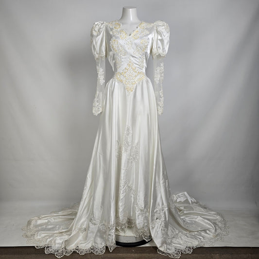 Vintage Alfred Angelo White 80s Puff Sleeve Wedding Dress Size M/L