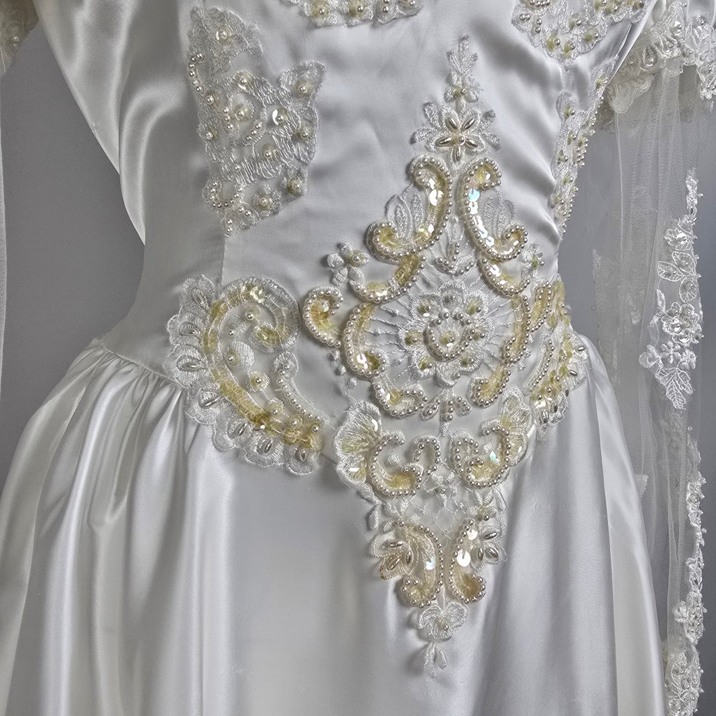 Vintage Alfred Angelo White 80s Puff Sleeve Wedding Dress Size M/L