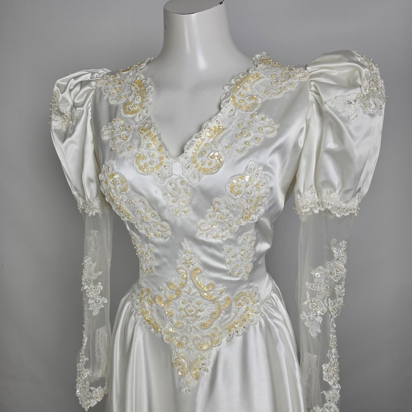 Vintage Alfred Angelo White 80s Puff Sleeve Wedding Dress Size M/L