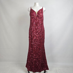 Mac Duggal Burgundy Plunging V Neck Embellished Leaf Gown Size 14